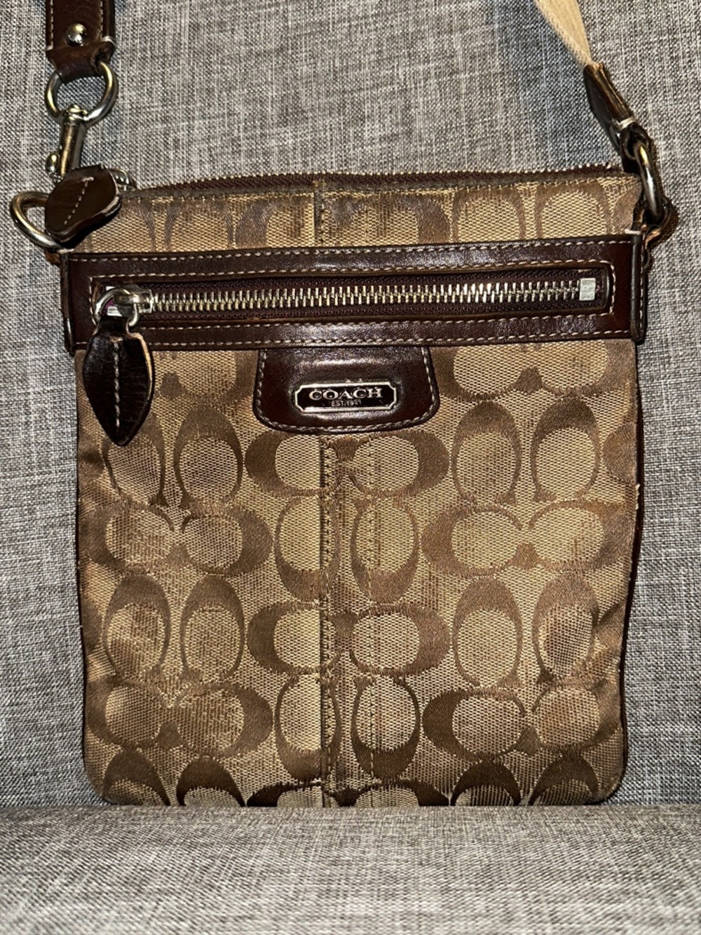 Coach Signature Monogram Crossbody in Brown and Tan